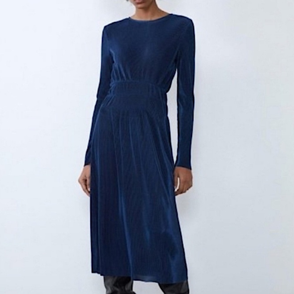 Zara gathered waist pleated navy light weight semi sheer long sleeve midi dress - Picture 1 of 13